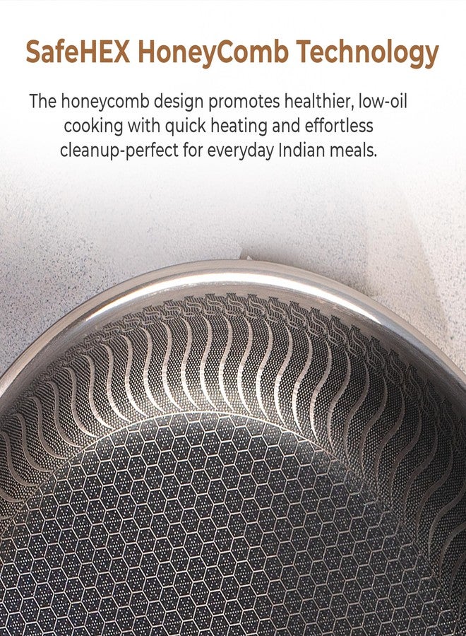 Home Essentials HomeEssentials 24cm Tri-Ply Honeycomb Non-Stick Wok with Lid | Stainless Steel Hybrid Skillet Pan | Induction Compatible Nonstick Frying Pan for Cooking, Sautéing & Stir-Fry. - Image 3